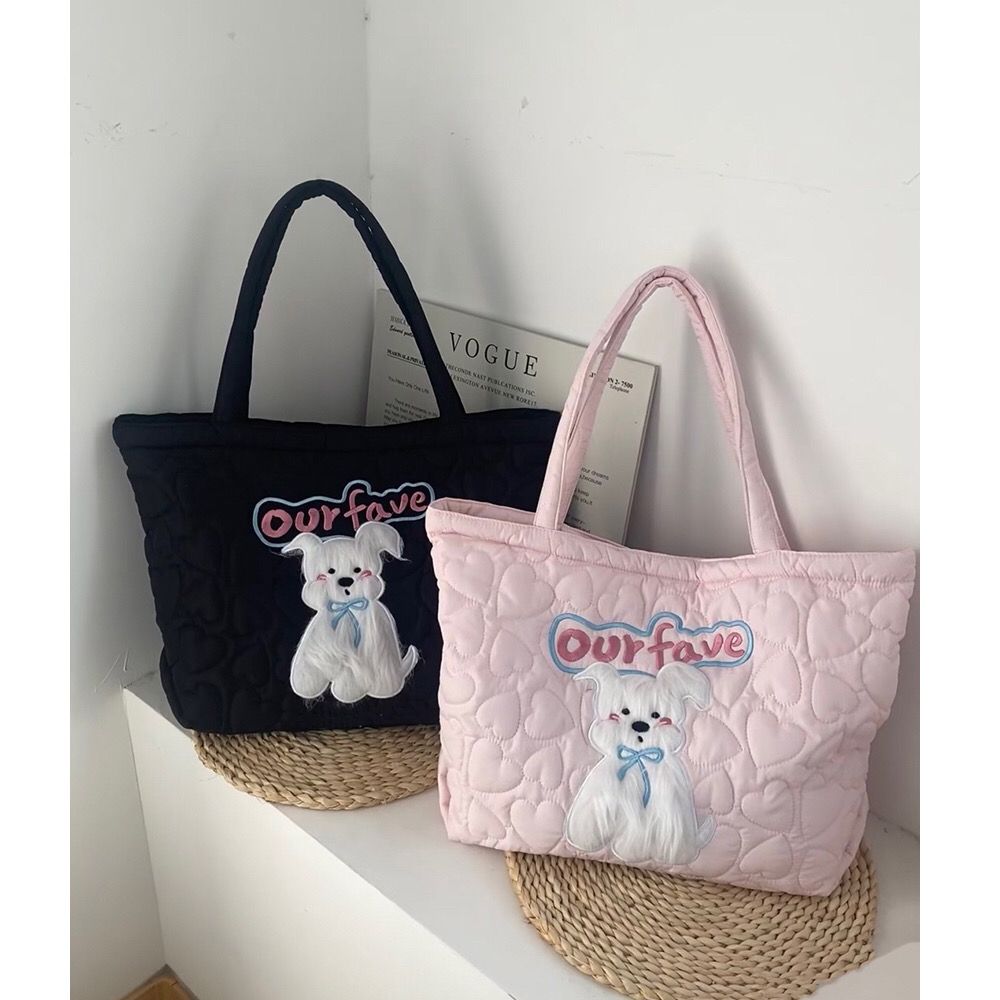 Vvsha Harajuku Pink Large Capacity Tote Bag Women Sweet Cute Puppy Embroidery Handbag Hot Girls Retro Shoulder Bags Aesthetic