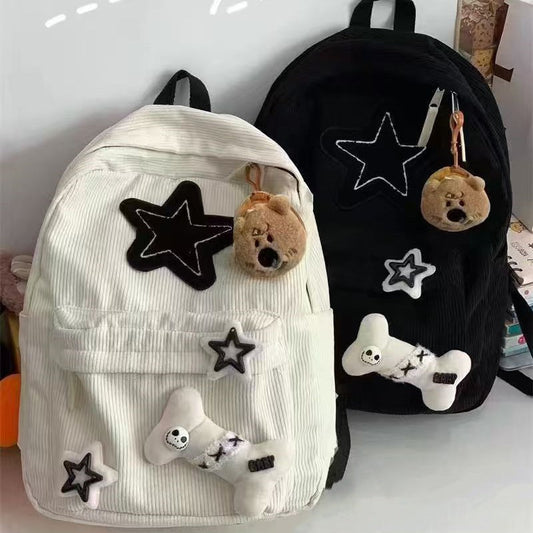 Vvsha Teen Student Large Capacity School Bookbag Y2K Girls Star Pattern Laptop Backpack  Corduroy Rucksack Double Strap Shoulder Bag