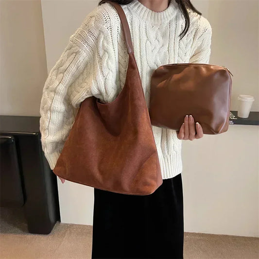 Vvsha Autumn and Winter Vintage Women's Bag Large Capacity Suede Shoulder Bag Solid Color Simple Casual Commuter Bag Retro Handbags