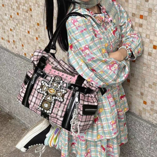 Vvsha MBTI Y2k Womens Tote Bag Aesthetic Plaid Fashion Punk Large Capacity Shoulder Bag Rivets Literary Original Harajuku New Handbag