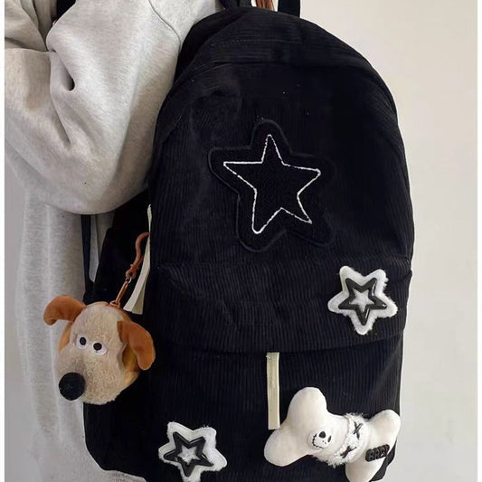 Vvsha Teen Student Large Capacity School Bookbag Y2K Girls Star Pattern Laptop Backpack  Corduroy Rucksack Double Strap Shoulder Bag
